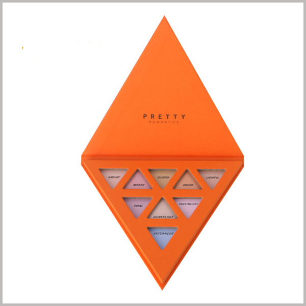 triangle boxes for eyeshadow palette packaging. The 9-color eye shadows are arranged in the form of "5-3-1" inside the box, and the eye shadow tray is also triangular.