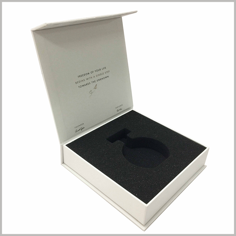 white cardboard perfume boxes with sponge insert wholesale. Any information can be printed inside the customized white packaging, such as promotional slogans, to highlight the characteristics of the perfume.