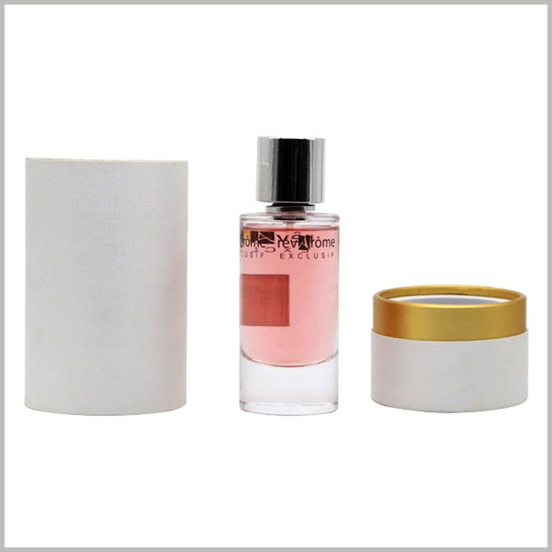 white cardboard tube cosmetic packaging for perfume boxes. The diameter and height of the customized paper tube packaging are determined according to the size of the perfume glass bottle.