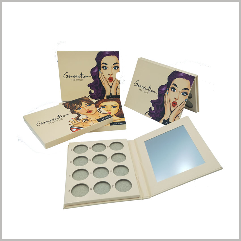 white makeup boxes for 12 colors eye shadow packaging. By setting a mirror inside the lid of the eyeshadow palette, customers will be able to use the eyeshadow products more conveniently.