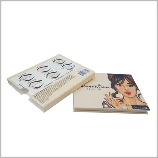 white makeup boxes for 12 colors eyeshadow packaging. The white eyeshadow palette package can be matched with an envelope, and detailed information can be printed on the envelope to explain the product in detail.