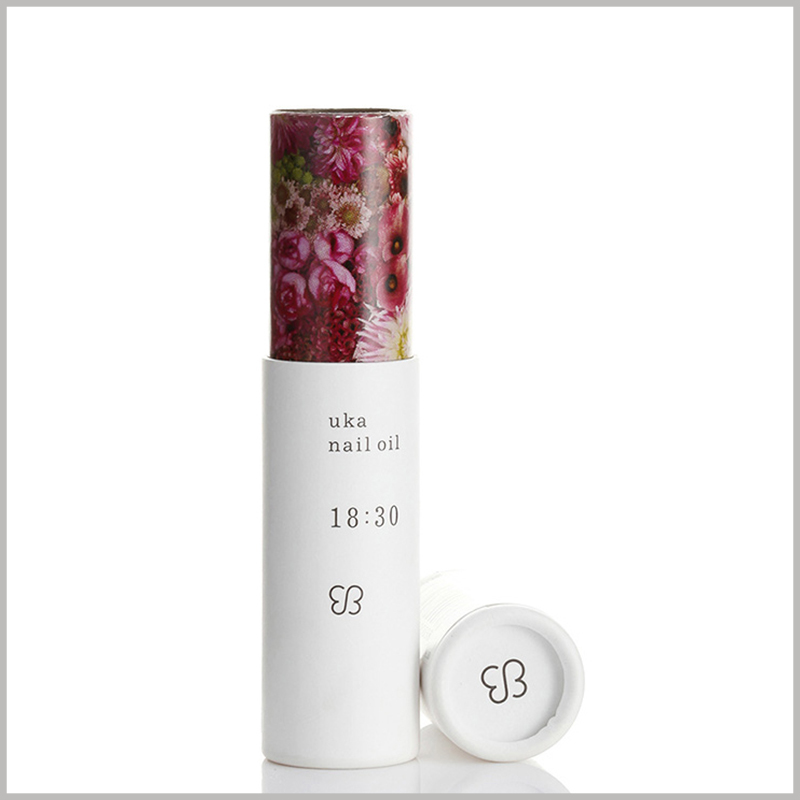 white small paper tube boxes for nail polish packaging. The pattern of the inner paper tube is closely related to the style of the nail polish and can reflect the characteristics of the product.