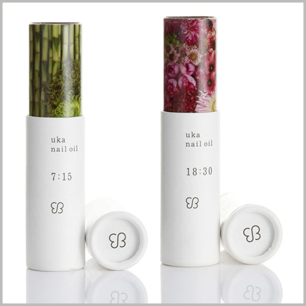 white small paper tube for nail polish packaging. The outside of the inner paper tube is laminated with a pattern of unique printed content, which improves the visual effect of the inner paper tube.