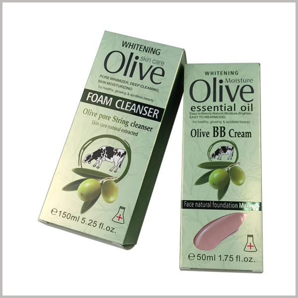 whitening eye cream packaging boxes wholesale. With fresh light green as the background color and a leaf print, it reflects the natural ingredients of the product.