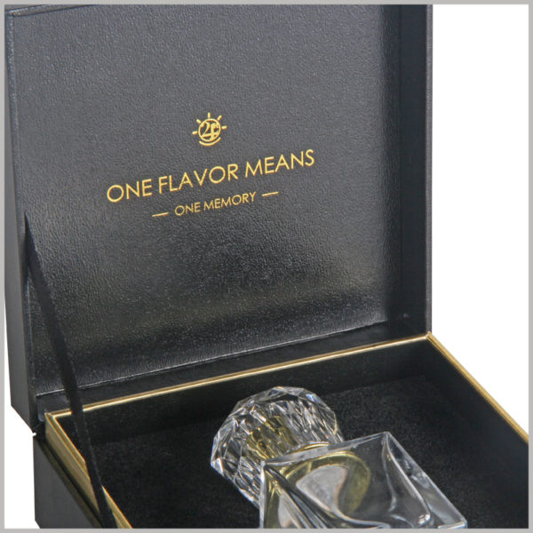 wholesale Black cardboard clamshell boxes for perfume bottles packaging. The brand logo and promotional slogan can be printed on the inside of the lid, which consumers can see as soon as they open the package.