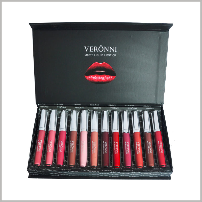 wholesale large black boxes for 12 bottles of lip gloss packaging. Inside the box, a red lip pattern and a white product logo are printed on the lid to further deepen the consumer's brand impression.