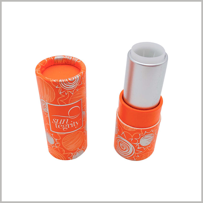 wholeslale Orange sunscreen lipstick tube empty. Paper lipstick tube packaging consists of two parts, one is printed paper tube and the other is plastic inner tube.